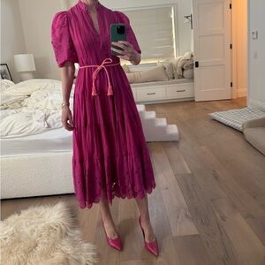 Zimmermann pink Eyelet Puff-Sleeve Maxi Dress with Tie Waist